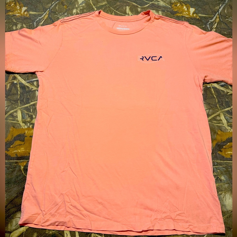 RVCA Short Sleeve Tee in Coral Pink with Navy Logo